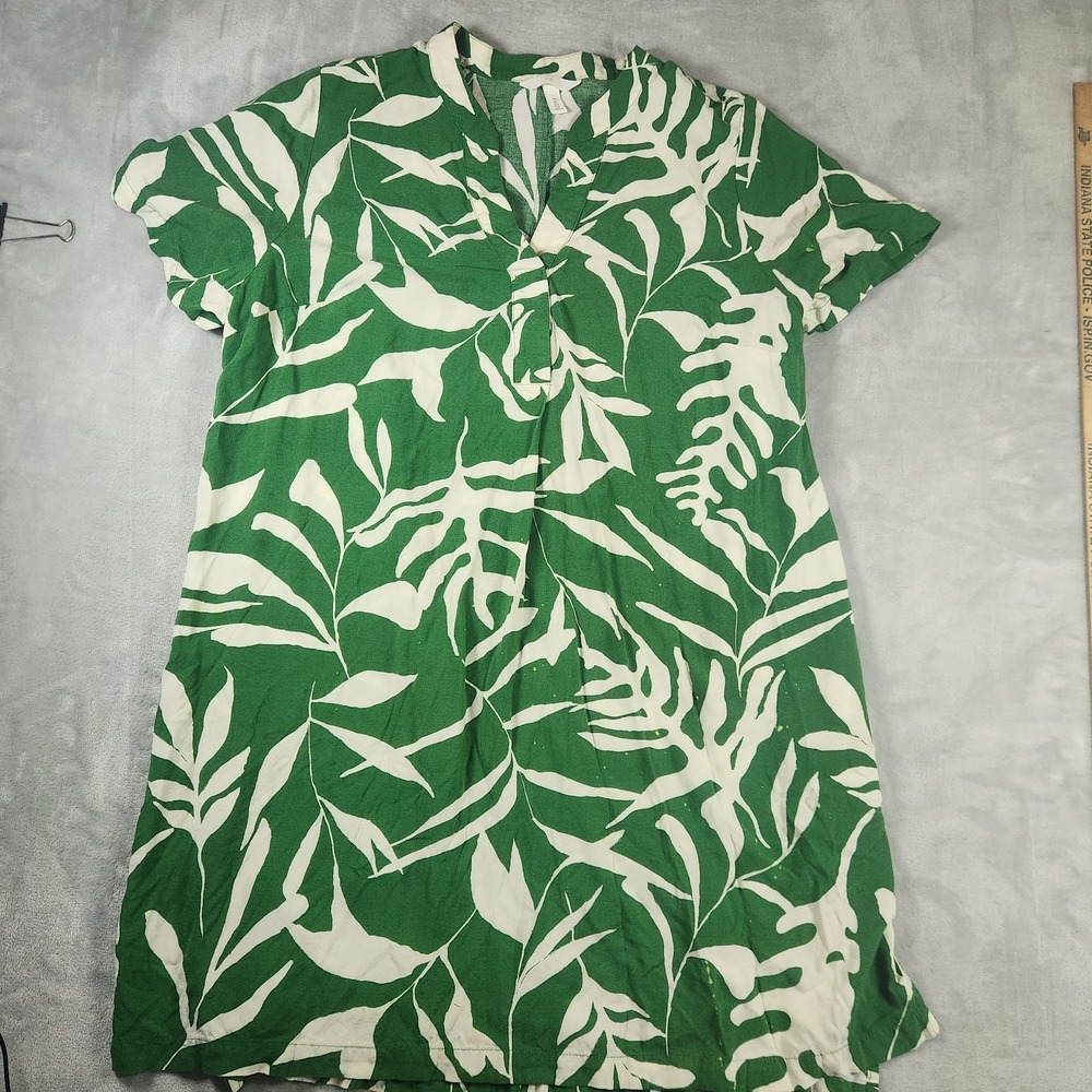 H&M Coastal Resort Tropical Leaf Popover Shirt Dress Green Beige Viscose Large